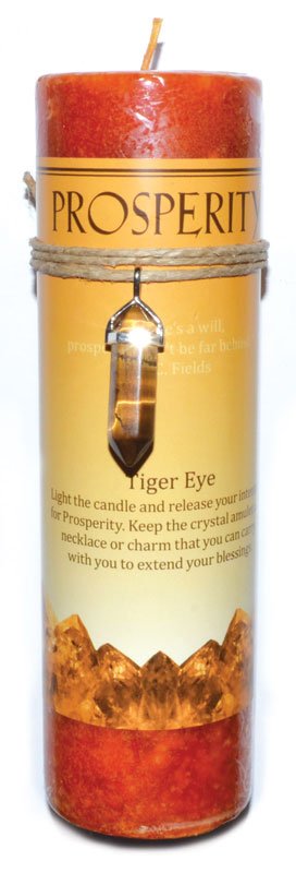 Prosperity pillar candle with Tiger Eye pendant (image for) Prosperity pillar candle with Tiger Eye pendant